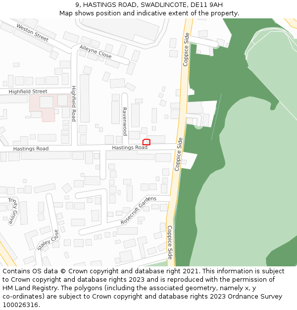9, HASTINGS ROAD, SWADLINCOTE, DE11 9AH: Location map and indicative extent of plot