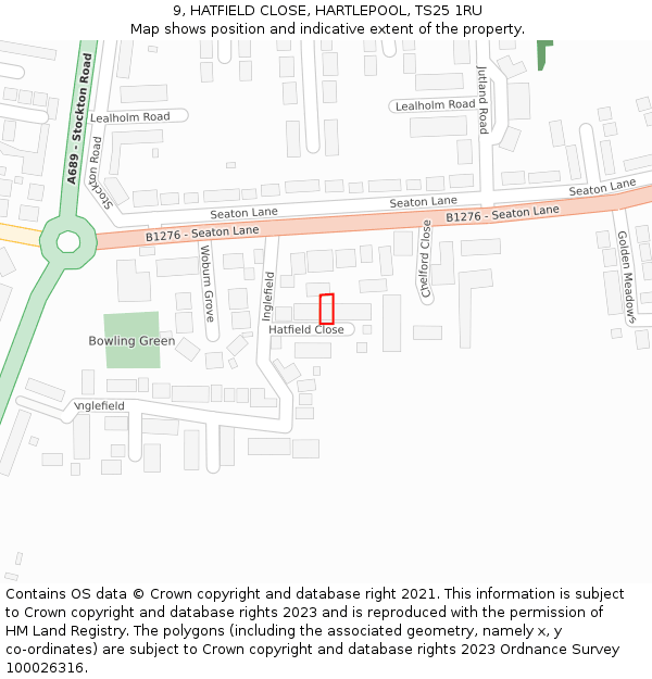 9, HATFIELD CLOSE, HARTLEPOOL, TS25 1RU: Location map and indicative extent of plot