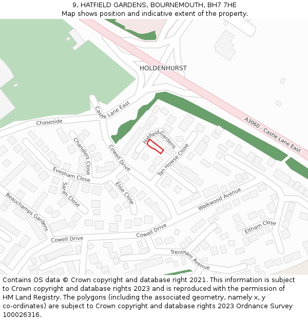 9, HATFIELD GARDENS, BOURNEMOUTH, BH7 7HE: Location map and indicative extent of plot