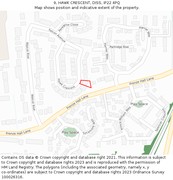 9, HAWK CRESCENT, DISS, IP22 4PQ: Location map and indicative extent of plot