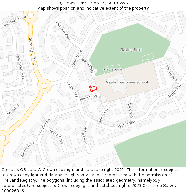 9, HAWK DRIVE, SANDY, SG19 2WA: Location map and indicative extent of plot