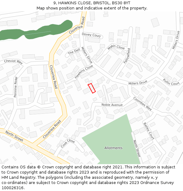 9, HAWKINS CLOSE, BRISTOL, BS30 8YT: Location map and indicative extent of plot