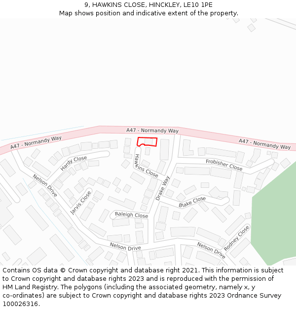 9, HAWKINS CLOSE, HINCKLEY, LE10 1PE: Location map and indicative extent of plot