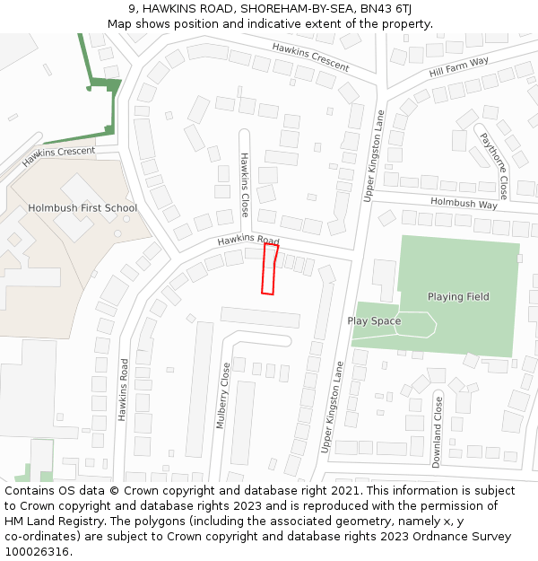 9, HAWKINS ROAD, SHOREHAM-BY-SEA, BN43 6TJ: Location map and indicative extent of plot