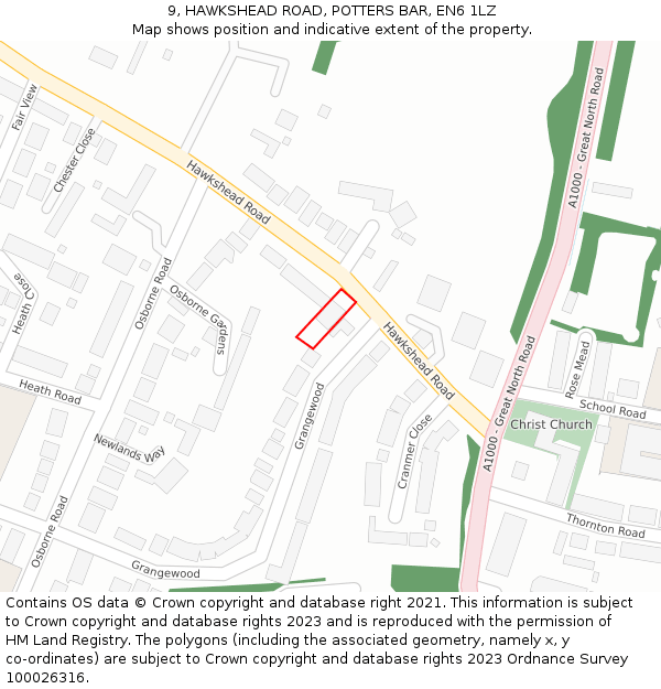 9, HAWKSHEAD ROAD, POTTERS BAR, EN6 1LZ: Location map and indicative extent of plot