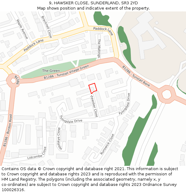 9, HAWSKER CLOSE, SUNDERLAND, SR3 2YD: Location map and indicative extent of plot