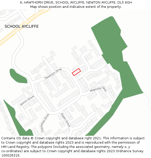 9, HAWTHORN DRIVE, SCHOOL AYCLIFFE, NEWTON AYCLIFFE, DL5 6GH: Location map and indicative extent of plot
