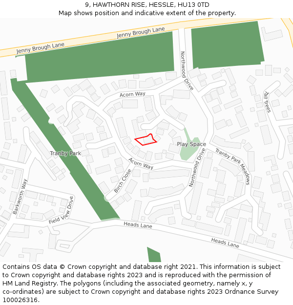 9, HAWTHORN RISE, HESSLE, HU13 0TD: Location map and indicative extent of plot