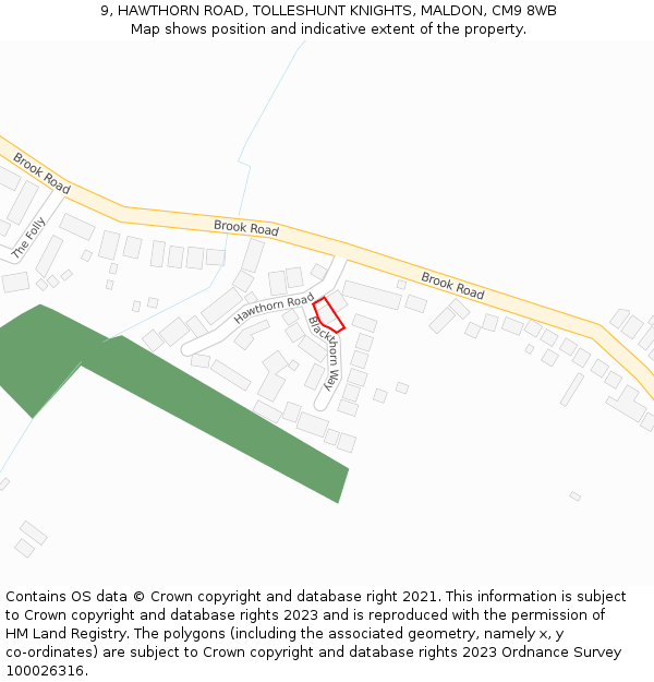 9, HAWTHORN ROAD, TOLLESHUNT KNIGHTS, MALDON, CM9 8WB: Location map and indicative extent of plot