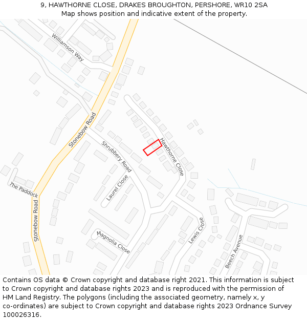 9, HAWTHORNE CLOSE, DRAKES BROUGHTON, PERSHORE, WR10 2SA: Location map and indicative extent of plot