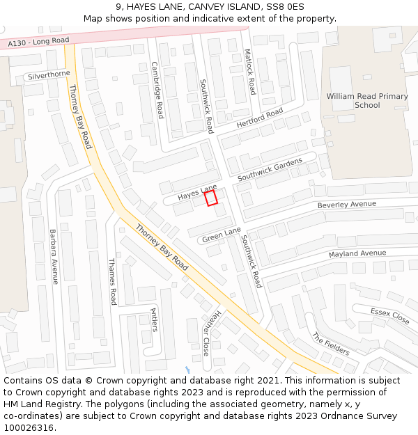 9, HAYES LANE, CANVEY ISLAND, SS8 0ES: Location map and indicative extent of plot