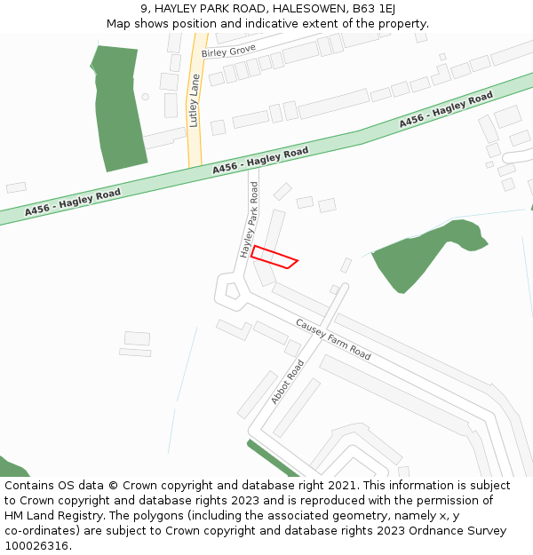 9, HAYLEY PARK ROAD, HALESOWEN, B63 1EJ: Location map and indicative extent of plot