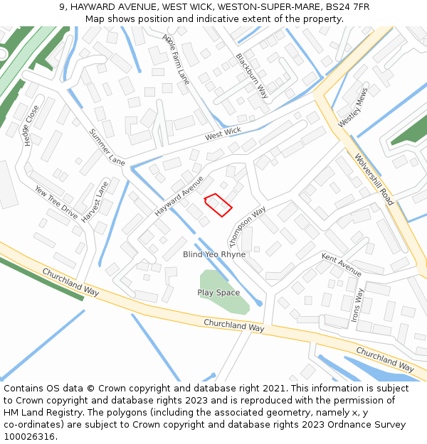 9, HAYWARD AVENUE, WEST WICK, WESTON-SUPER-MARE, BS24 7FR: Location map and indicative extent of plot