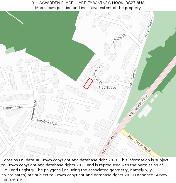 9, HAYWARDEN PLACE, HARTLEY WINTNEY, HOOK, RG27 8UA: Location map and indicative extent of plot