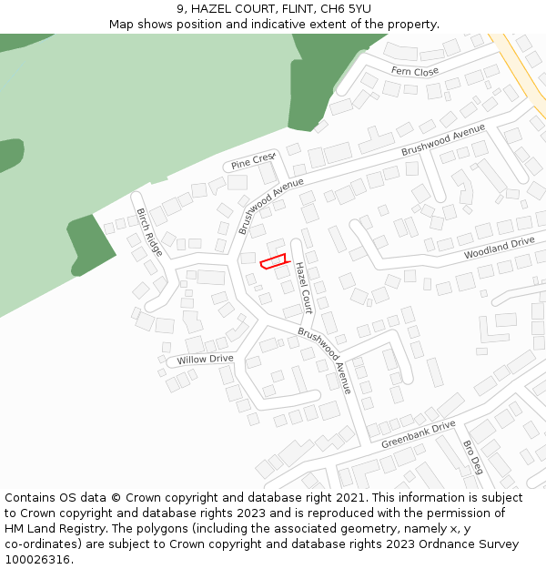 9, HAZEL COURT, FLINT, CH6 5YU: Location map and indicative extent of plot