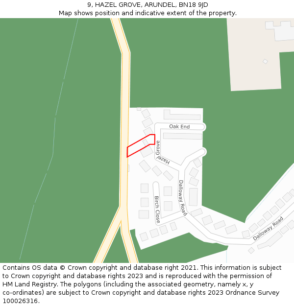 9, HAZEL GROVE, ARUNDEL, BN18 9JD: Location map and indicative extent of plot