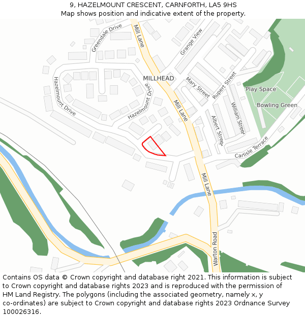 9, HAZELMOUNT CRESCENT, CARNFORTH, LA5 9HS: Location map and indicative extent of plot