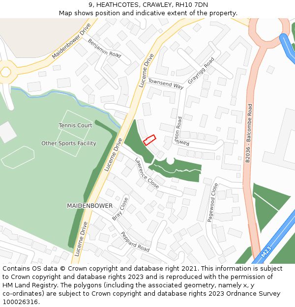 9, HEATHCOTES, CRAWLEY, RH10 7DN: Location map and indicative extent of plot