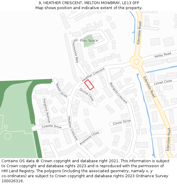 9, HEATHER CRESCENT, MELTON MOWBRAY, LE13 0FP: Location map and indicative extent of plot