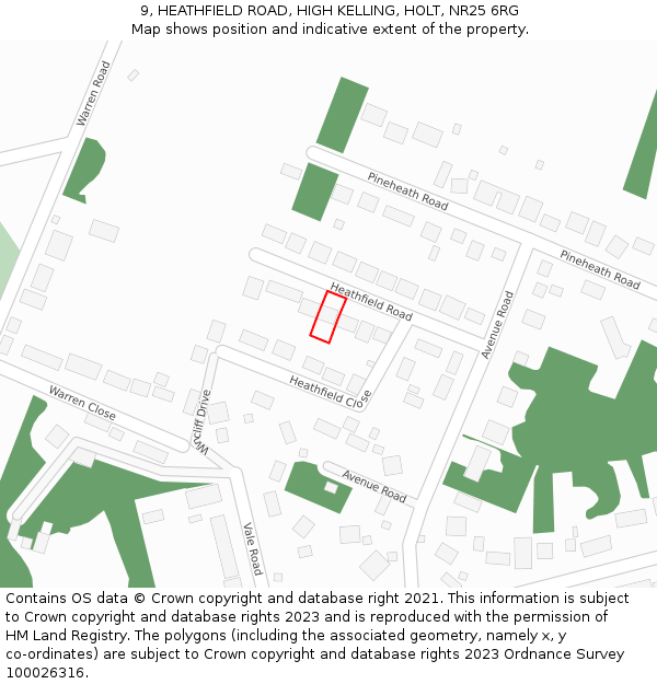 9, HEATHFIELD ROAD, HIGH KELLING, HOLT, NR25 6RG: Location map and indicative extent of plot