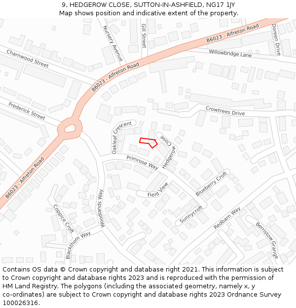 9, HEDGEROW CLOSE, SUTTON-IN-ASHFIELD, NG17 1JY: Location map and indicative extent of plot