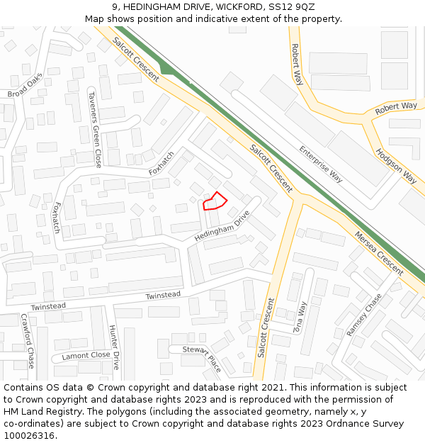 9, HEDINGHAM DRIVE, WICKFORD, SS12 9QZ: Location map and indicative extent of plot