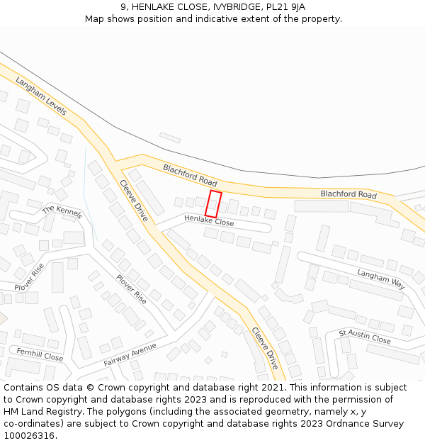 9, HENLAKE CLOSE, IVYBRIDGE, PL21 9JA: Location map and indicative extent of plot