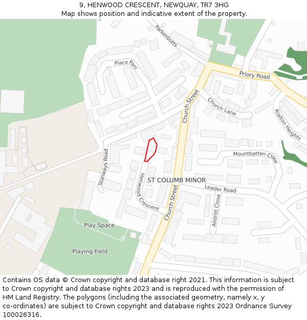 9, HENWOOD CRESCENT, NEWQUAY, TR7 3HG: Location map and indicative extent of plot