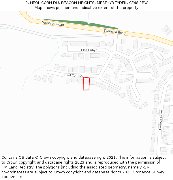 9, HEOL CORN DU, BEACON HEIGHTS, MERTHYR TYDFIL, CF48 1BW: Location map and indicative extent of plot