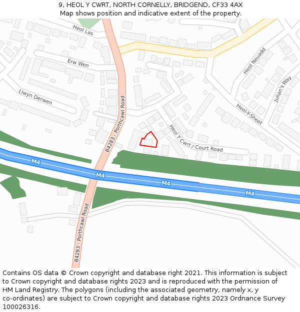 9, HEOL Y CWRT, NORTH CORNELLY, BRIDGEND, CF33 4AX: Location map and indicative extent of plot