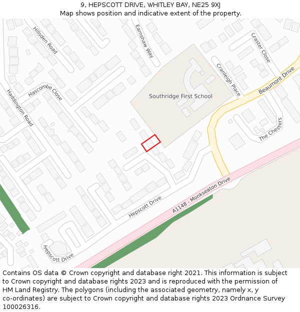 9, HEPSCOTT DRIVE, WHITLEY BAY, NE25 9XJ: Location map and indicative extent of plot
