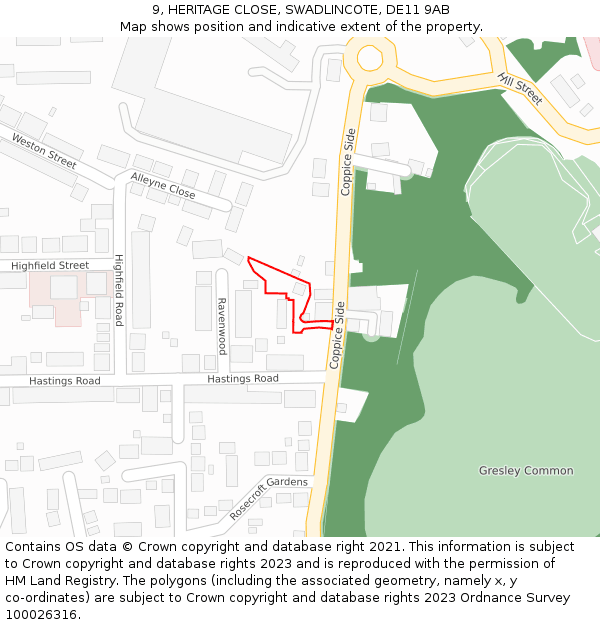 9, HERITAGE CLOSE, SWADLINCOTE, DE11 9AB: Location map and indicative extent of plot