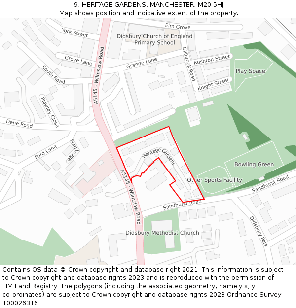 9, HERITAGE GARDENS, MANCHESTER, M20 5HJ: Location map and indicative extent of plot