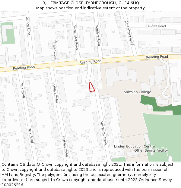 9, HERMITAGE CLOSE, FARNBOROUGH, GU14 6UQ: Location map and indicative extent of plot