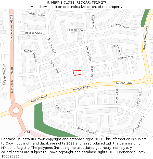 9, HERNE CLOSE, REDCAR, TS10 2TF: Location map and indicative extent of plot