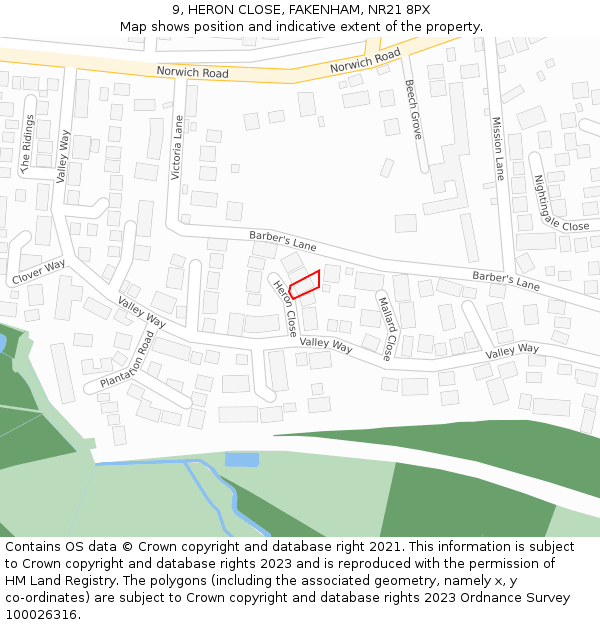 9, HERON CLOSE, FAKENHAM, NR21 8PX: Location map and indicative extent of plot