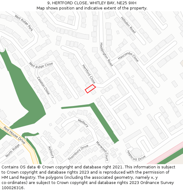 9, HERTFORD CLOSE, WHITLEY BAY, NE25 9XH: Location map and indicative extent of plot