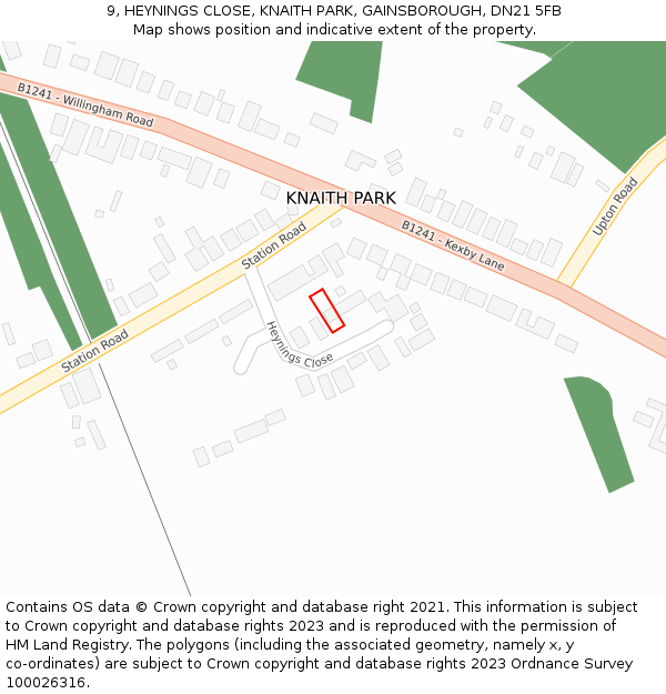 9, HEYNINGS CLOSE, KNAITH PARK, GAINSBOROUGH, DN21 5FB: Location map and indicative extent of plot