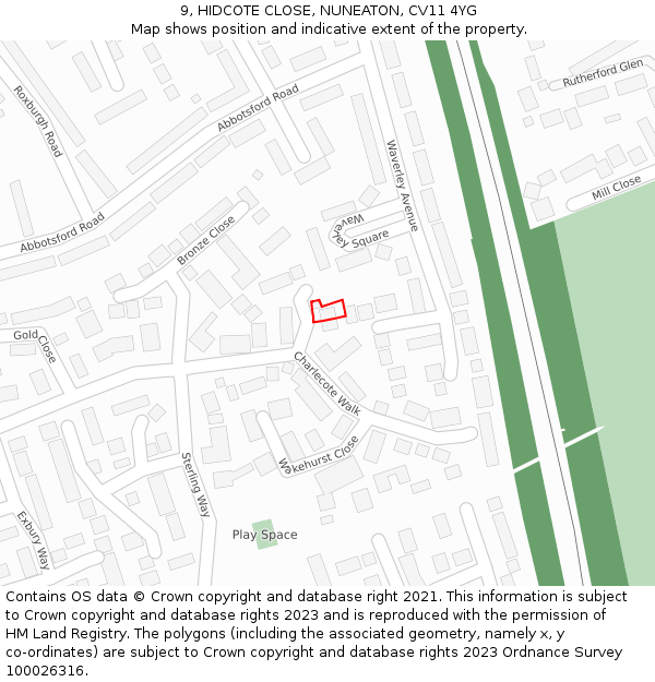 9, HIDCOTE CLOSE, NUNEATON, CV11 4YG: Location map and indicative extent of plot