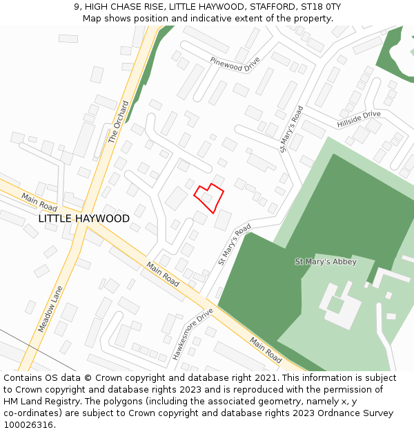 9, HIGH CHASE RISE, LITTLE HAYWOOD, STAFFORD, ST18 0TY: Location map and indicative extent of plot