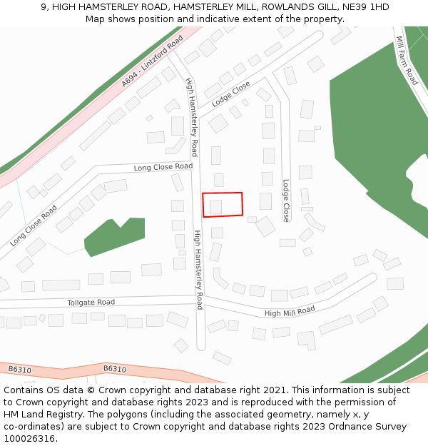 9, HIGH HAMSTERLEY ROAD, HAMSTERLEY MILL, ROWLANDS GILL, NE39 1HD: Location map and indicative extent of plot