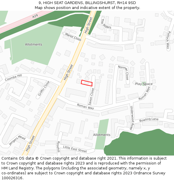 9, HIGH SEAT GARDENS, BILLINGSHURST, RH14 9SD: Location map and indicative extent of plot