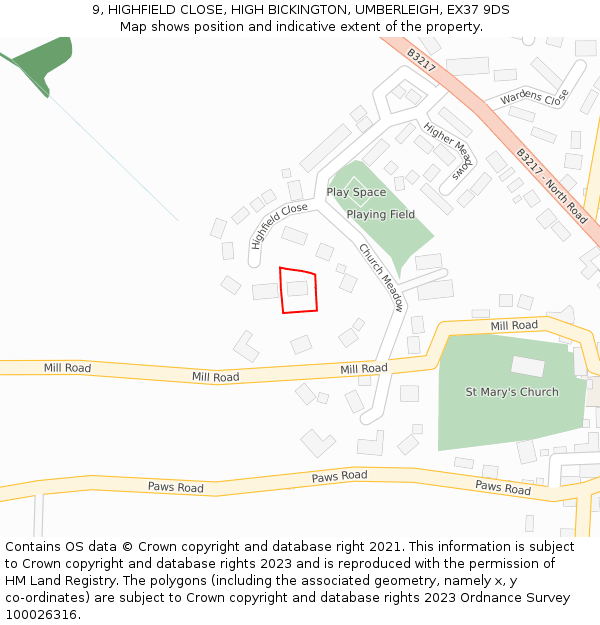 9, HIGHFIELD CLOSE, HIGH BICKINGTON, UMBERLEIGH, EX37 9DS: Location map and indicative extent of plot