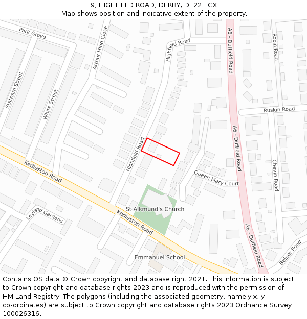 9, HIGHFIELD ROAD, DERBY, DE22 1GX: Location map and indicative extent of plot