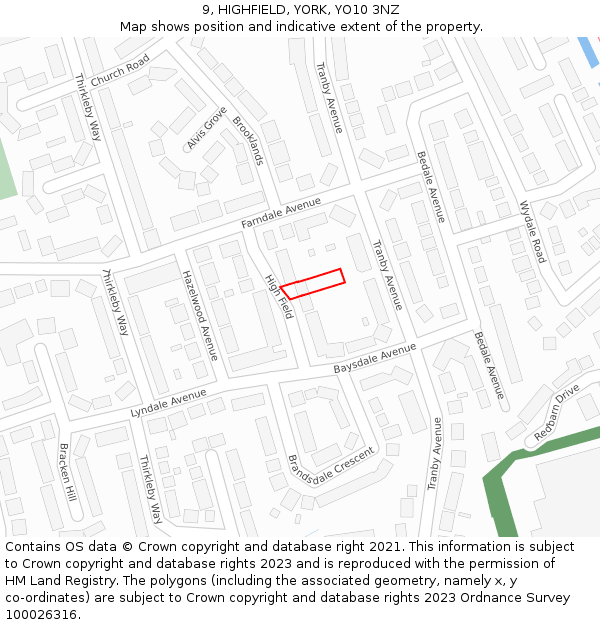 9, HIGHFIELD, YORK, YO10 3NZ: Location map and indicative extent of plot