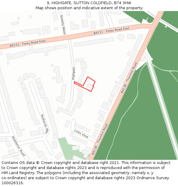 9, HIGHGATE, SUTTON COLDFIELD, B74 3HW: Location map and indicative extent of plot
