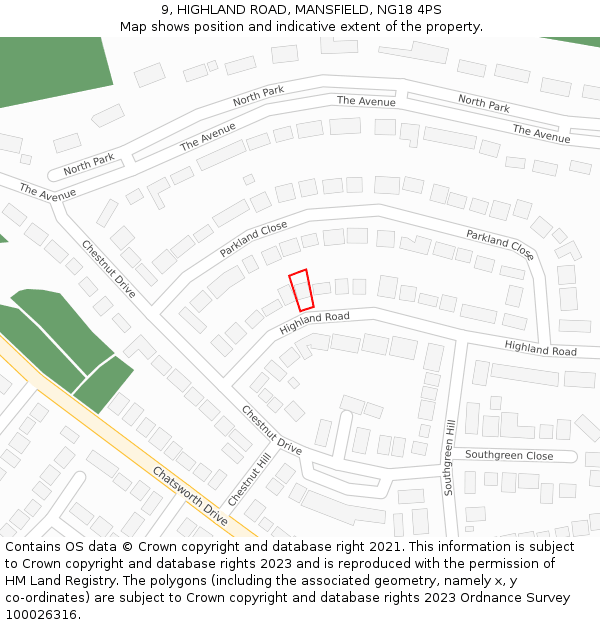 9, HIGHLAND ROAD, MANSFIELD, NG18 4PS: Location map and indicative extent of plot