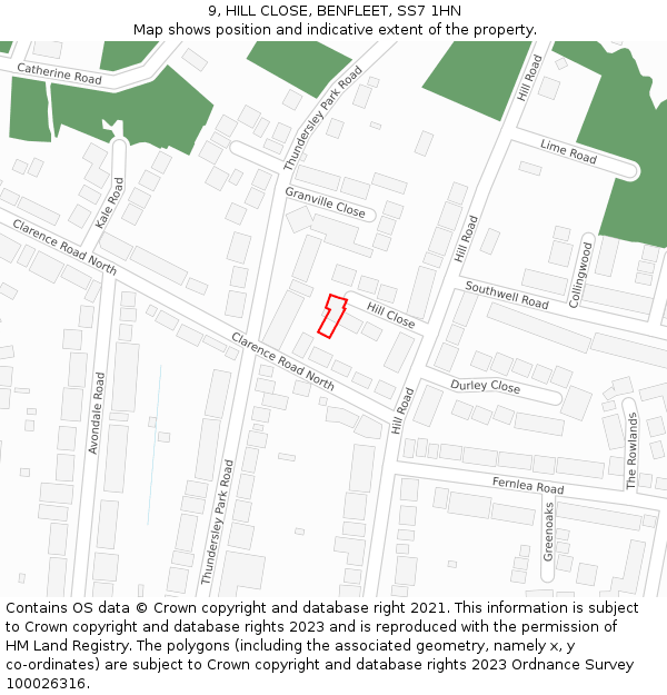 9, HILL CLOSE, BENFLEET, SS7 1HN: Location map and indicative extent of plot