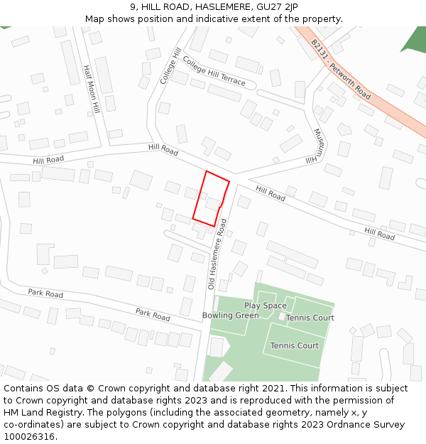 9, HILL ROAD, HASLEMERE, GU27 2JP: Location map and indicative extent of plot
