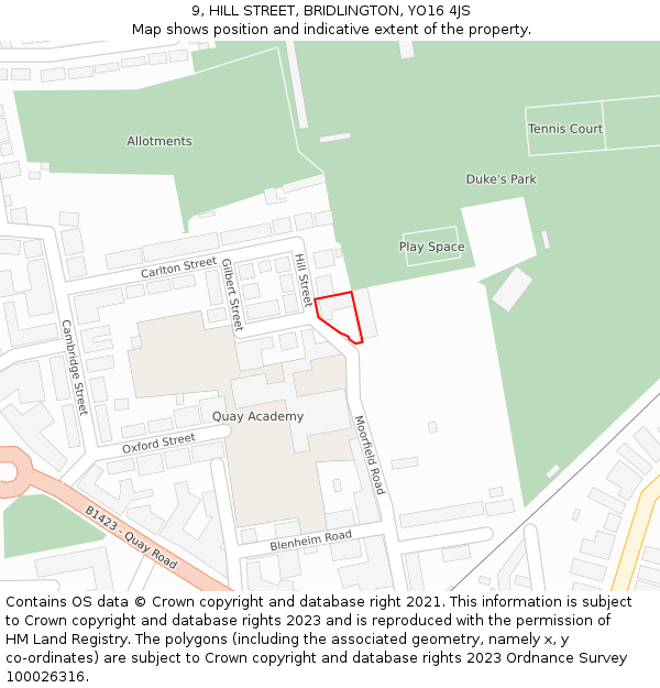9, HILL STREET, BRIDLINGTON, YO16 4JS: Location map and indicative extent of plot